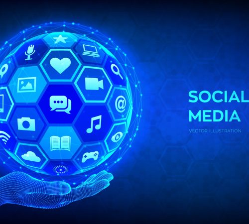 Social media global connection concept. Social networking and blogging. Abstract 3D sphere or globe with surface of hexagons with a different social media icons in wireframe hand. Vector